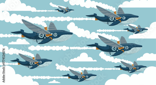 A squadron of whimsical whale-shaped aircraft with wings soaring through a cloudy sky.
