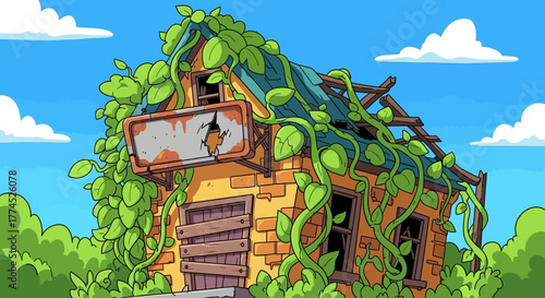 Abandoned wooden house overgrown with green vines and foliage.