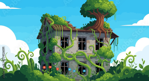 Abandoned house overgrown with lush green vines and a tree on its roof.