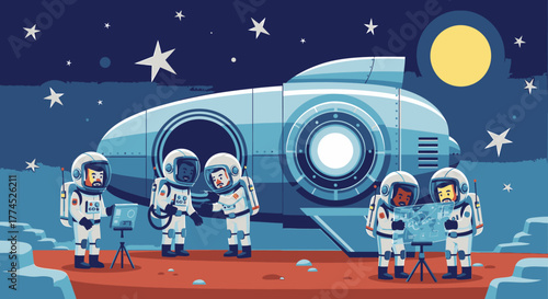 Astronauts exploring a new planet with their spaceship.