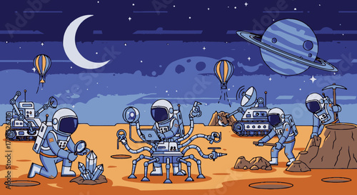 Astronauts exploring an alien planet with advanced robotic equipment and vehicles.