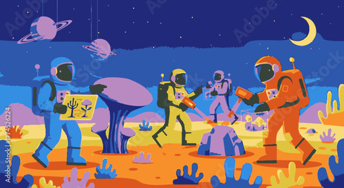 Astronauts exploring an alien planet with vibrant flora and unique rock formations.