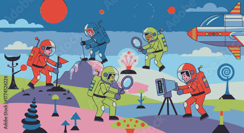 Astronauts exploring an alien planet with various scientific tools.