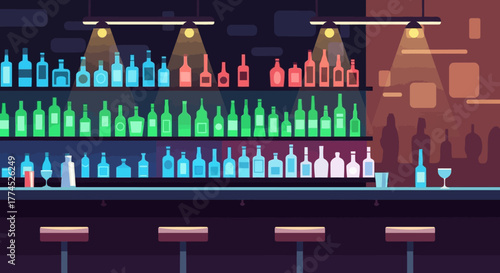 Bar counter with various bottles of alcohol and bar stools.