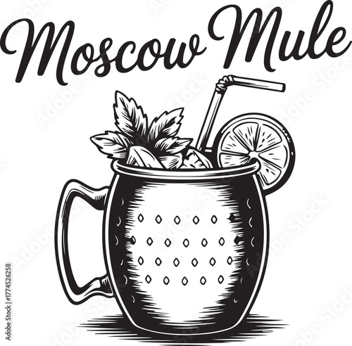 Moscow Mule Cocktail Illustration in a Copper Mug with Lemon and Mint Garnish