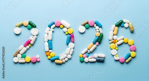 Numbers 2026 formed from colorful pills and capsules on light blue background symbolizing New Year greeting for healthcare and medical industry