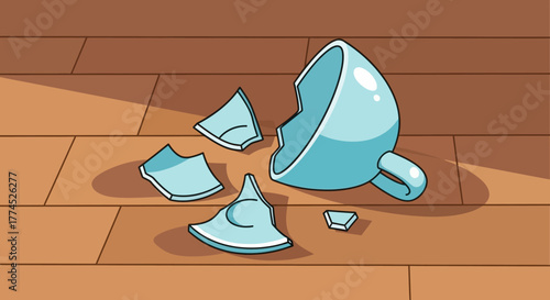 Broken light blue ceramic mug shattered into pieces on wooden floor.