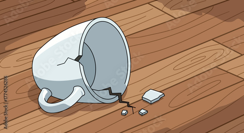 Broken ceramic mug lying on a wooden floor with shattered pieces.