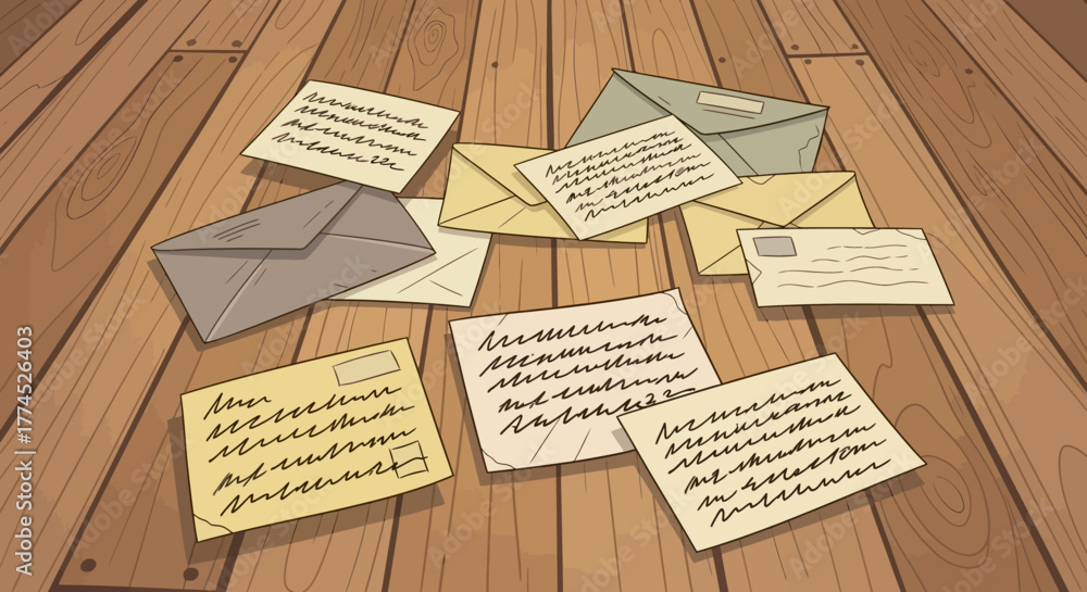 Naklejka premium Collection of handwritten letters and envelopes scattered on a wooden surface.