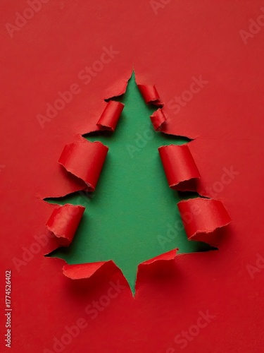 Red paper torn in shape of Christmas tree, revealing green layer underneath, symbolizing christmas holiday season.