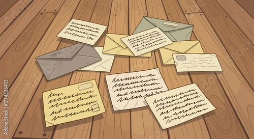 Collection of handwritten letters and envelopes scattered on a wooden surface.