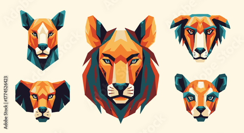 Collection of stylized polygonal animal faces, including lions, lioness, and wild dogs, showcasing vibrant geometric art.