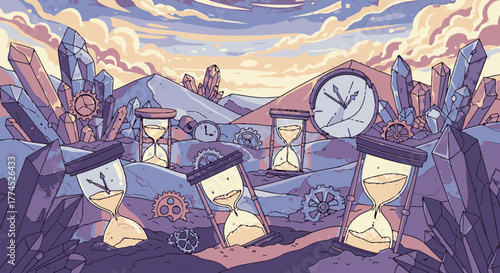 Collection of hourglasses and clocks representing the passage of time.