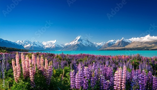 Snow Capped Mount Cook Over Lake Pukaki Summer Landscape With Blooming Lupine Flowers New Zealand