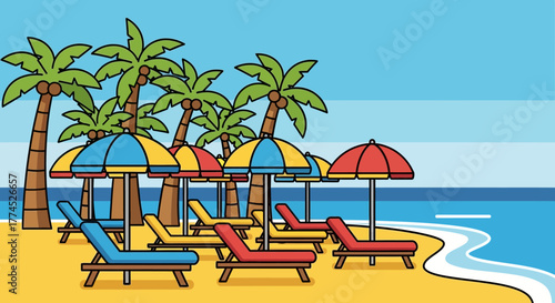 Colorful beach scene with umbrellas and lounge chairs under palm trees.