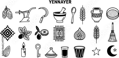 Yennayer Amazigh New Year Traditional Symbols: Line art icon set depicting cultural elements, food, agriculture, and household objects for Berber celebrations.