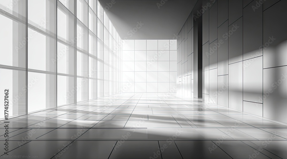 Fototapeta premium Empty, sunlit corridor with large windows
