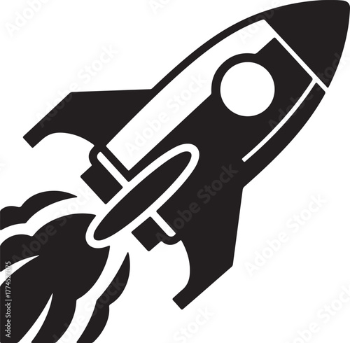 A bold, graphic illustration of a rocket ship ascending rapidly, depicted in black and white with dynamic smoke plumes indicating its powerful launch.