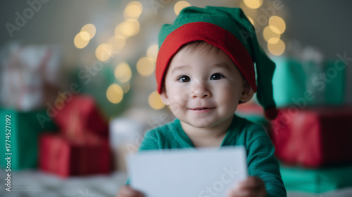 This image portrays an adorable toddler wearing a green-and-red elf hat, sitting amid Christmas decorations and wrapped gifts, holding a blank white card. The softly glowing bokeh