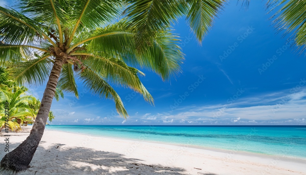 Obraz premium tropical coconut tree palm blue sky white sand calm water summer coastline peaceful lush nature