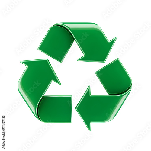 3d icon of recycle sign made of green glossy plastic isolated on transparent background