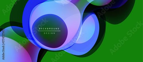 Abstract fluid shapes overlap, creating vibrant blue, purple hues on green backdrop. Design features text background design. Modern, dynamic composition.