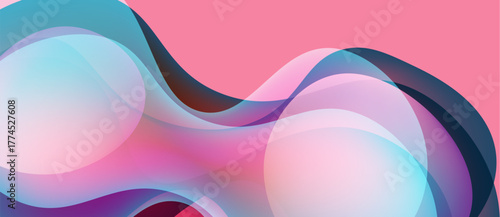 Abstract fluid shapes overlap, creating vibrant pinks, blues, whites. Smooth gradients suggest movement, depth. Modern design element.