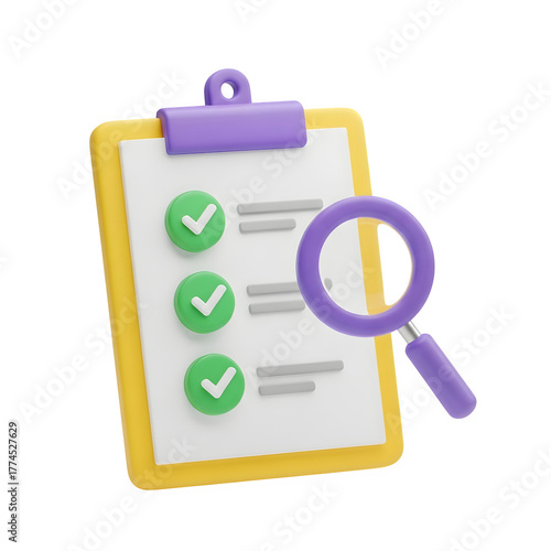 3d icon of clipboard with checklist and magnifying glass isolated on transparent background