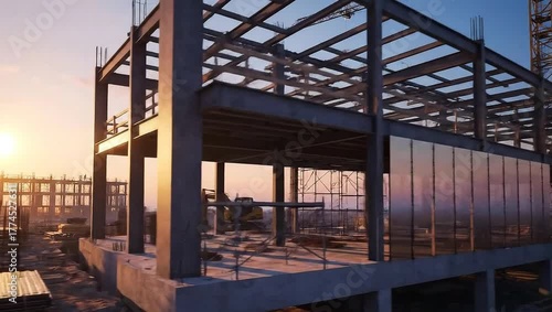 Construction Site at Sunset Featuring Steel Framework and Lumber Piles