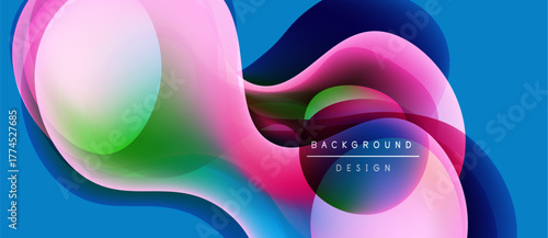 Abstract flowing shapes, vibrant colors, modern design. Blue background complements pink, green, purple gradients. Dynamic composition.