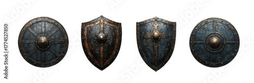 Four medieval shields, two round and two kiteshaped, displayed isolated on a transparent background
