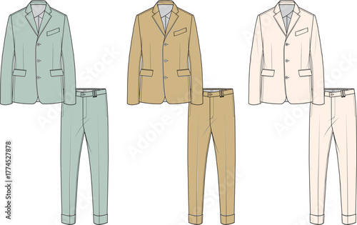 Set of men's classic suits in pastel colors. Fashion flat technical sketch collection of jacket and trousers for apparel design