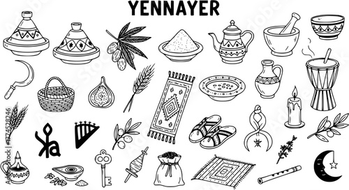 Yennayer Amazigh Berber New Year Doodle Set: Hand-drawn cultural symbols, traditional food, tools, and elements for celebration in sketch vector style.
