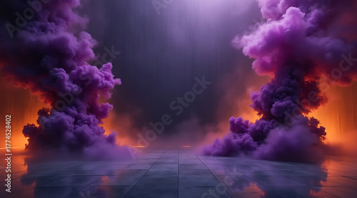 Symmetrical front facing scene featuring dense violet smoke clouds with orange and purple lighting creating dramatic and mysterious atmosphere