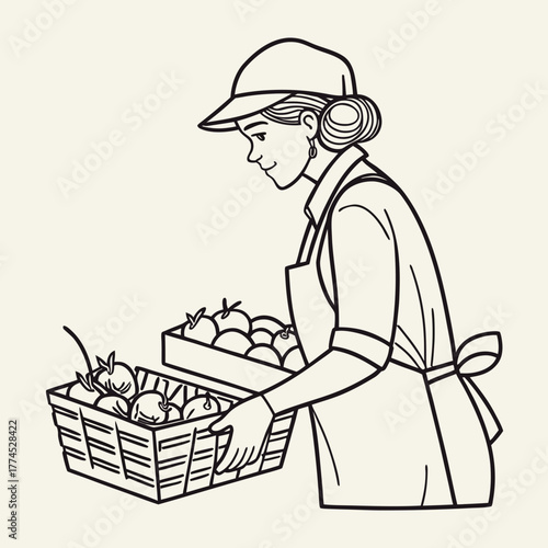 Minimal Line Art Vector Illustration of a Fruit Seller at Market Stall