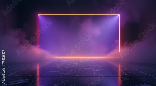 Neon light frame with purple fog and reflective marble floor in dark room creating futuristic atmosphere