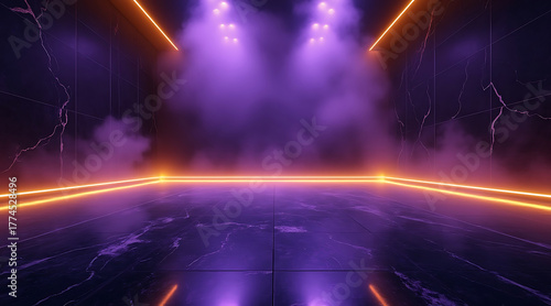 Futuristic empty room with glowing orange neon lights and purple fog creating mysterious and vibrant atmosphere in dark space
