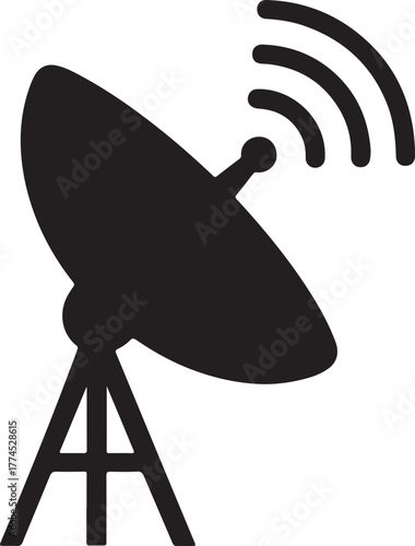 A stark black silhouette of a satellite dish on a tripod, emitting wavy lines representing broadcast signals. Isolated on a white background.