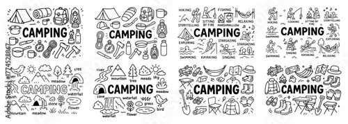 Camping doodle set with outdoor activities and gear