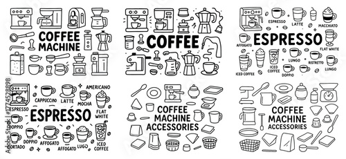 Coffee machines and espresso accessories outline art
