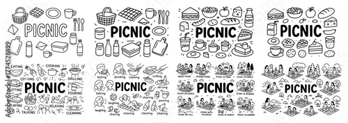 Black and white picnic illustrations with food and activities