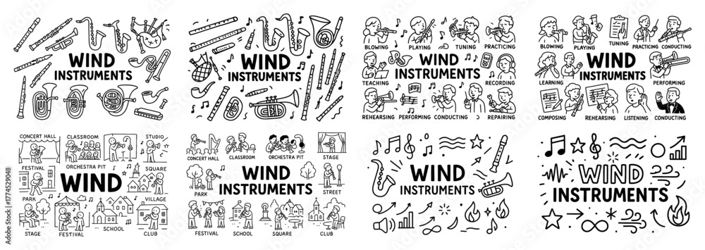 Obraz premium Wind instruments and musicians illustrated collection