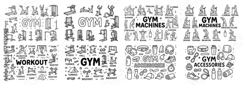 Gym machines and accessories illustrated collection