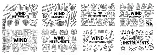 Wind instruments and musicians illustrated collection