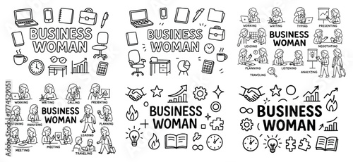 Businesswoman illustrations with various activities