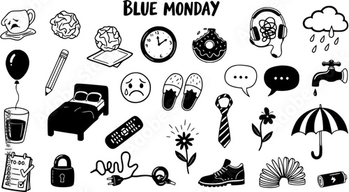 Blue Monday Doodle Set: Hand-Drawn Vector Illustrations of Common Monday Moods and Objects