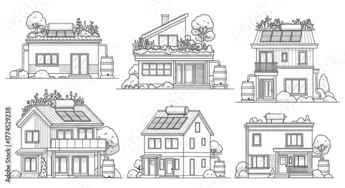 Ecological Green House Energy Saving Home Line Art Outline