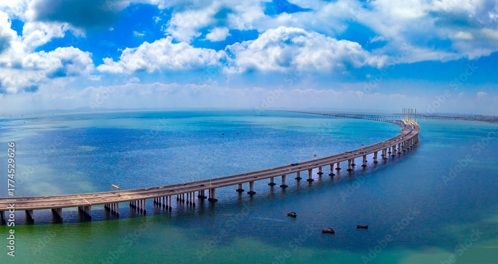 Fototapeta premium Aerial view of Jiaozhou Bay Bridge in Qingdao, China