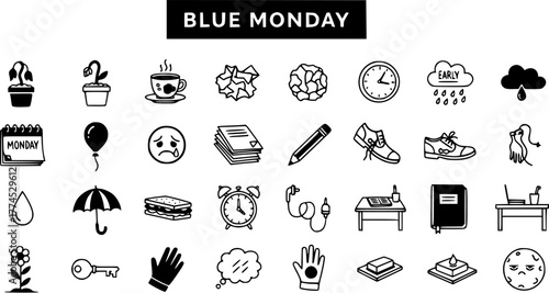 Blue Monday Icon Set: Hand-Drawn Symbols of Sadness, Stress, and Winter Depression