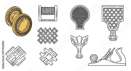 woodworking details vintage cabinet hardware cane weaving chair  wood plane crafting antique restoration showing craftsmanship  traditional carpentry